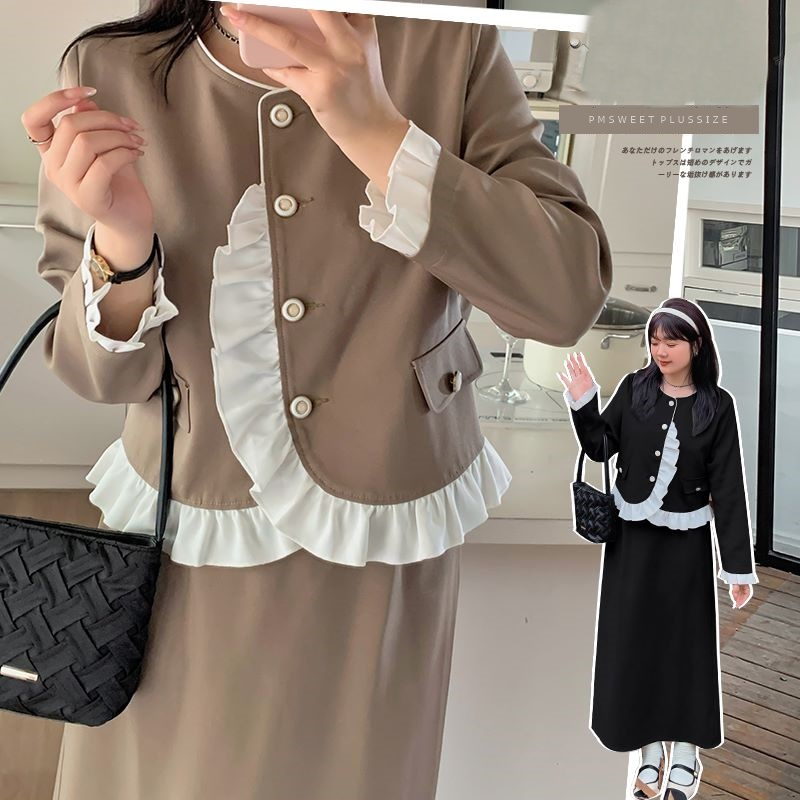 [ อกถึง 52" ] : PMP2214 : พรีออเดอร์ เสื้อผ้าไซส์ใหญ่ เสื้อผ้าสาวอวบ ชุดทำงานคนอ้วน เซตสองชิ้น เสื้อแขนยาวกระโปรงเอวยาง