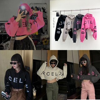 Lalisa999ราคาถูกที่สุด!! Barcelona hoodie crop ดำ เทา ชมพู น้ำตาล