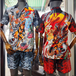 YAKZA hawaii 006 SET เสื้อเชิ้ต ฮาวาย + กางเกงขาสั้น ลายเสือ ทรงตรง แห้งไวไม่ร้อน