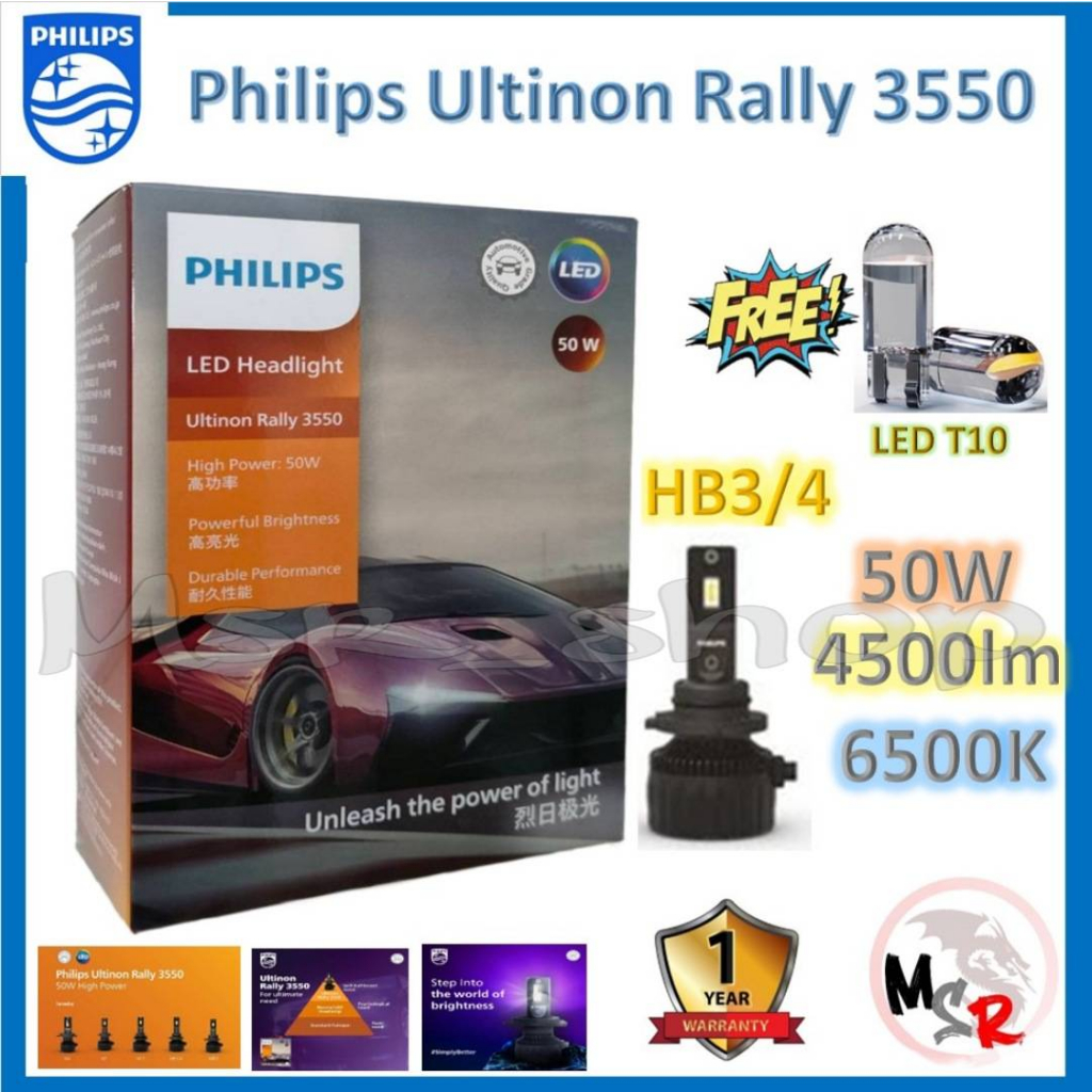 Philips หลอดไฟหน้ารถยนต์ Ultinon Rally 3550 LED 50W 9000lm HB3/4 แถมฟรี LED T10 รับประกัน 1 ปี