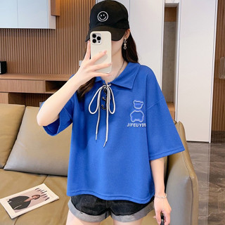 เสื้อแฟชั่นคอปก น่ารักๆ  เสื้อOversize เนื้อผ้าดีใส่สบาย ผ้าวาฟเฟิล สินค้าพร้อมส่ง