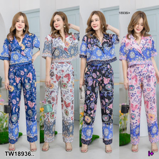 PP18936 set #สาวอวบ 2 ชิ้น เสื้อคอปกทรงสูท + กางเกงขายาว พิมพ์ลาย ..