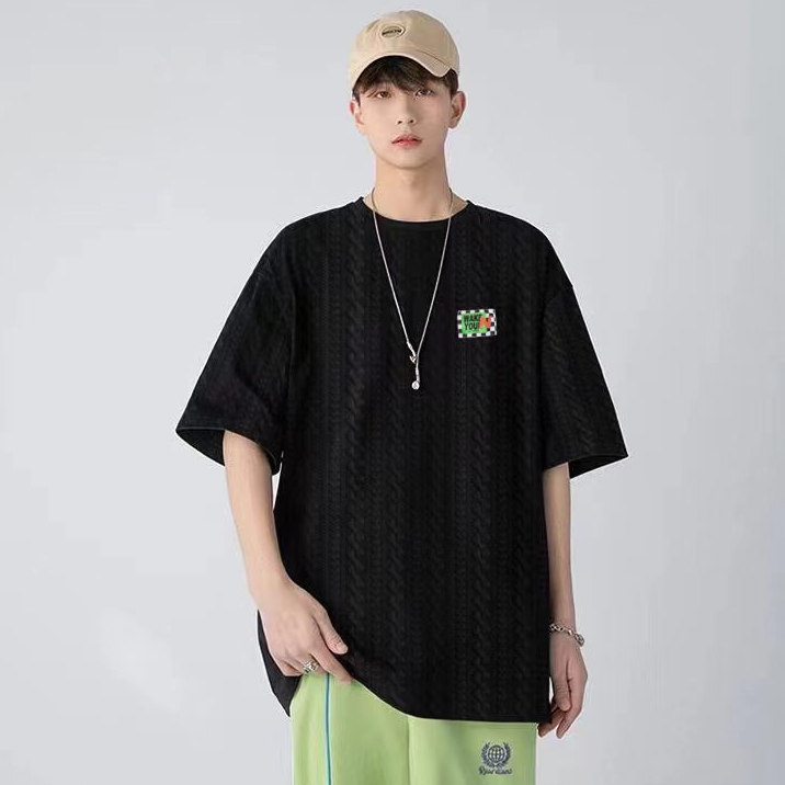 PX เสื้อลำลองผู้ชาย แขนสั้น คอกลม เนื้อผ้าลายถัก ป้าย WAKE YOU สัมผัสพิเศษ ลายเสื้อไม่ซ้ำกับใคร