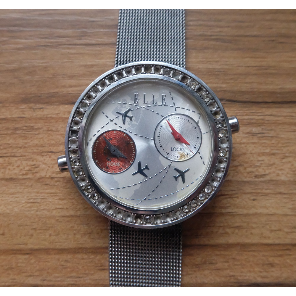 นาฬิกา Elle “Jet Lag” Dual Time Watch Size 40mm สีเงิน มือสอง ของแท้