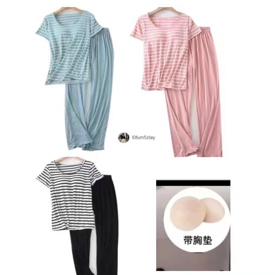 🔥🧽ชุดนอนแผ่นรองหน้าอก， ชุดนอนลายขวาง， ผ้าฝ้ายที่ใส่สบาย， ความสะดวกสบายในการสวมใส่， 4 สี，M-2XL