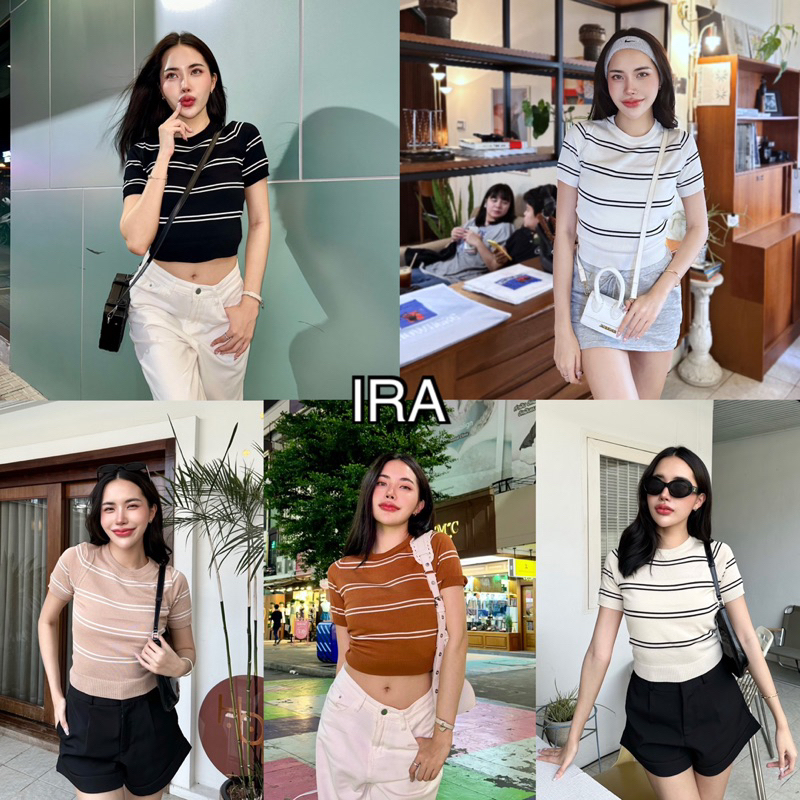 BY IRA (2997) Sandy Knit Crop Top เสื้อยืดไหมพรม (งานจริง) คอกลม ลายทาง เอวเป็นสมอค งานดีย์ เรียบๆแต่เริสส