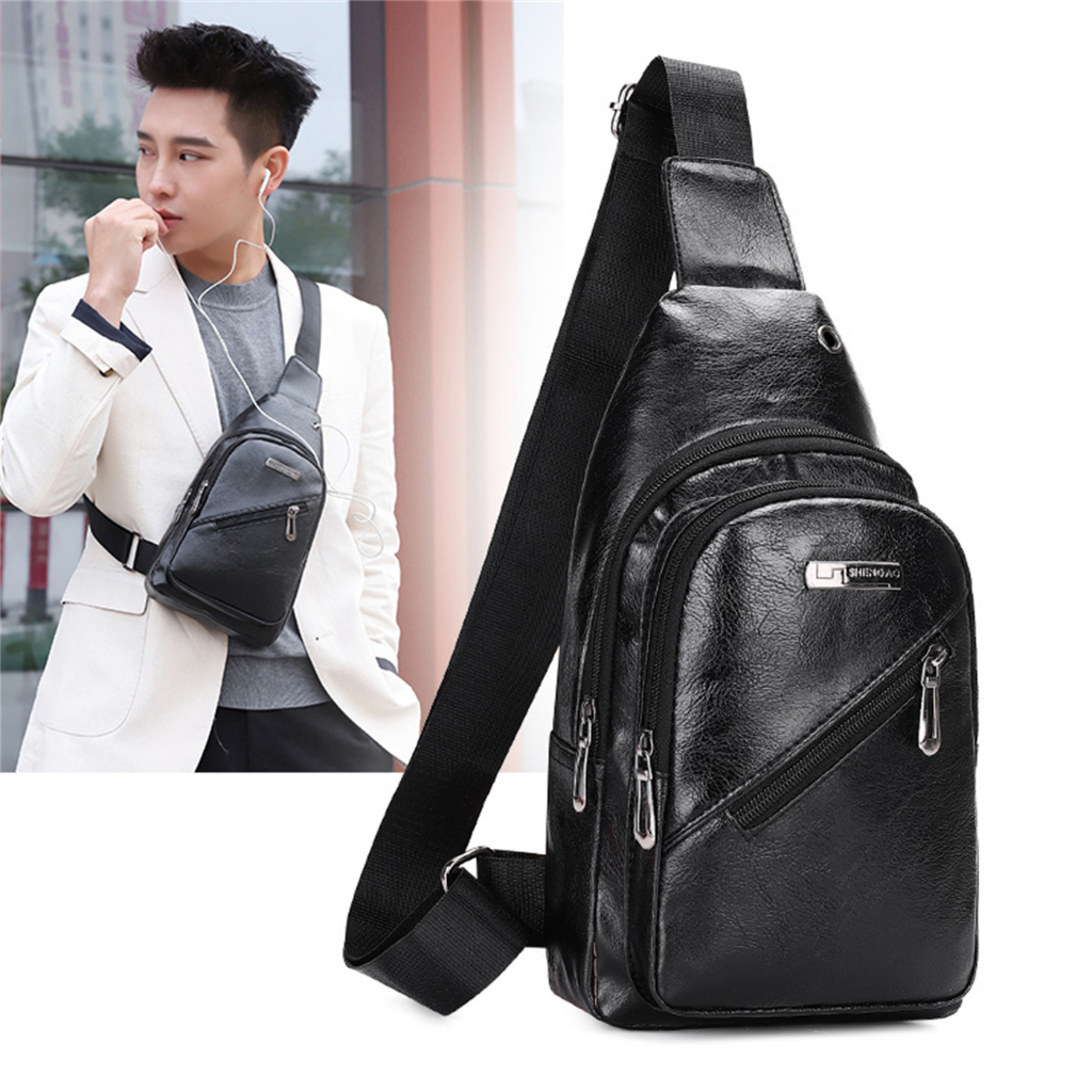 กระเป๋าสะพายหนังผู้ชาย กระเป๋าหน้าอกหูฟังภายนอก crossbody