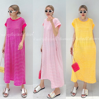 Yunaka เดรสสาวอวบ เดรสยาวคอกลม แขนกุดทรงไหล่ล้ำ อก 44” Striped Korea Style Dress