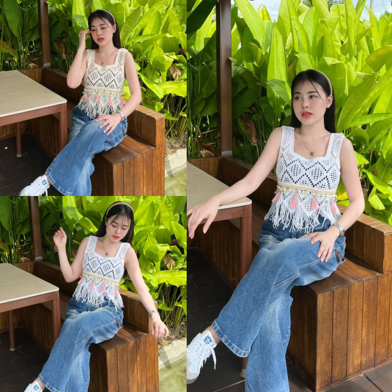 SpinnyHouse เสื้อกล้าม ผ้าด้ายสานลายฉลุ ขอบชายแต่งฝอย งานเส้นด้ายนุ่ม สไตล์มินิมอล สาววินเทจ น่าร้าก รุ่น กล้วยอ่อน