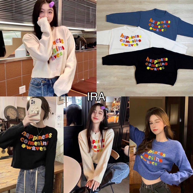 BY IRA (95112) Happiness Knit Crop Top ครอปท็อปไหมพรม ผ้าหนาKorea girlใส่แล้วน่ารักมากก