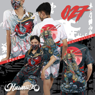 YAKZA hawaii 027 SET เสื้อเชิ้ต ฮาวาย + กางเกงขาสั้น ลายซามูไร ญี่ปุ่น ทรงตรง แห้งไวไม่ร้อน