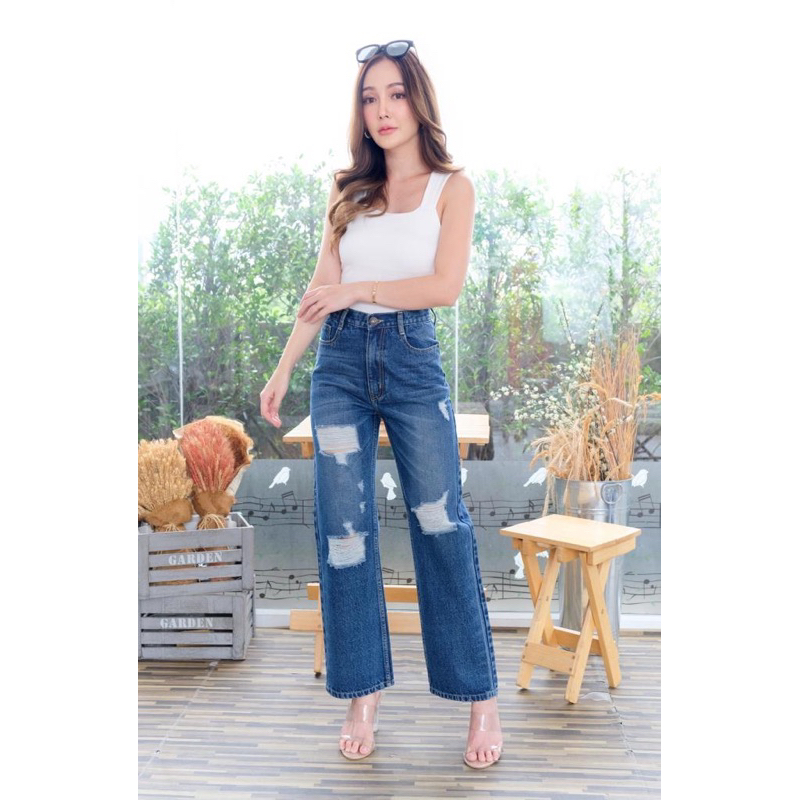 High Waist Boy Fashion I กางเกงยีนส์ทรงบอยแฟชั่น แต่งขาด ผู้หญิง สไตล์เกาหลี ใส่สวย #214