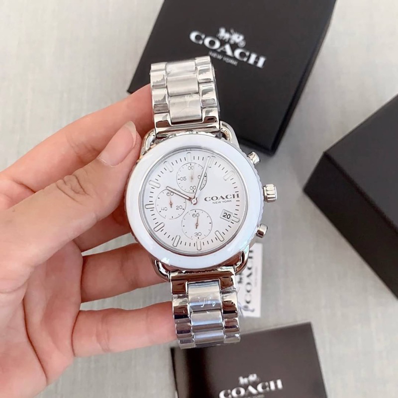 (ผ่อน0%) นาฬิกาผู้ชาย (ผู้หญิงใส่ได้)Coach หน้าปัดสีขาว สายสแตนเลสสีเงิน 14602594 ขนาด 44mm.