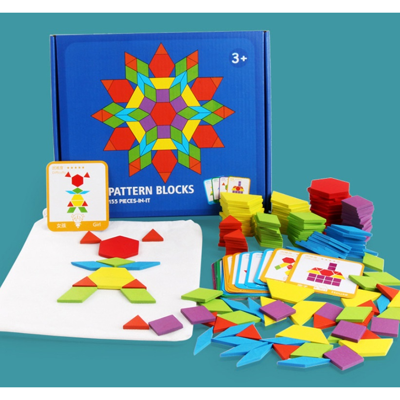 Shape matching puzzle game ของเล่นเสริมพัฒนาการ บล็อคไม้เรขาคณิต บล็อกต่อเสริมทักษะ ข้อสอบสาธิต - 155 pcs Pattern blocks
