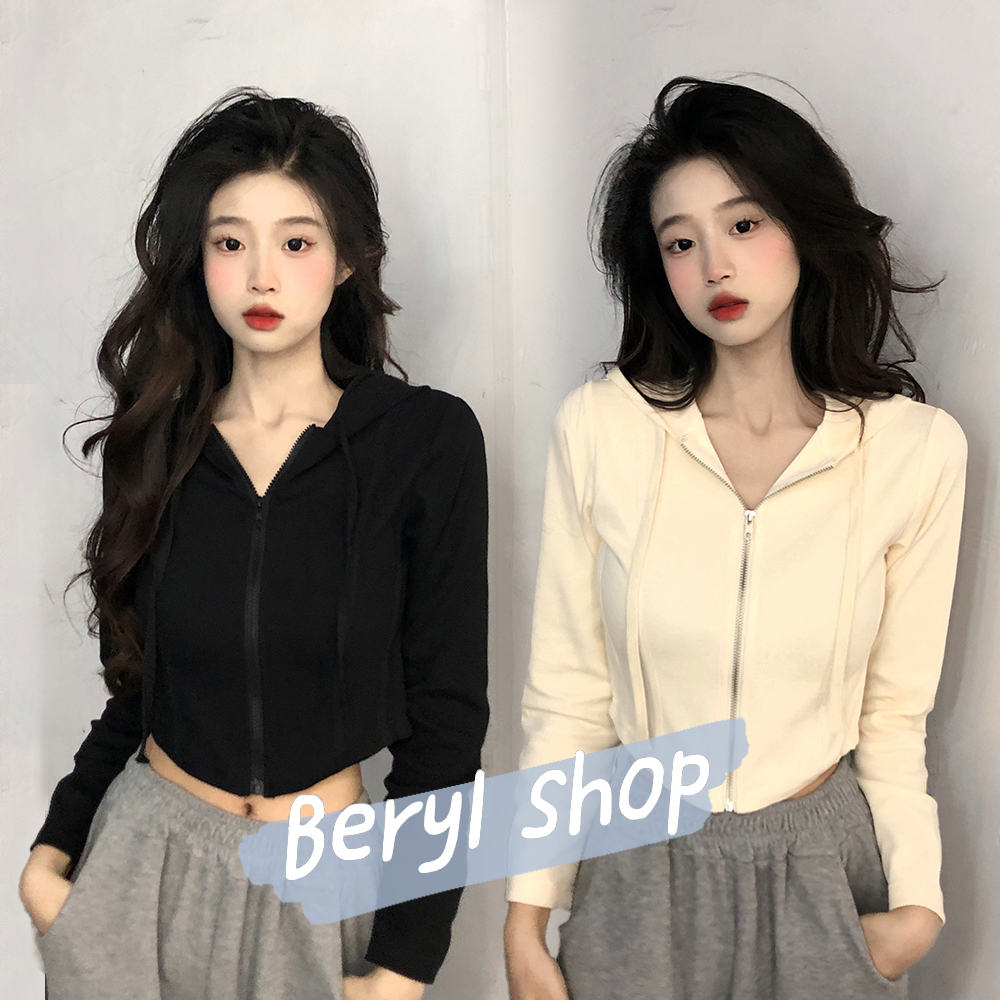 Beryl🌻ผู้หญิงสีดำแบบบางเสื้อคลุมแฟชัน ซิปสวมหมวกแบบสั้นเสื้อกันแดด uv