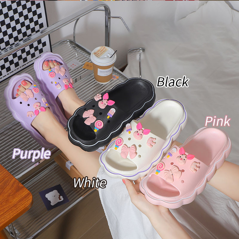 LGShoes ส่งไว⚡รองเท้าแตะแฟชั่นรูปทรงก้อนเมฆสีพื้นมาพร้อมตัวติดสุดน่ารัก ลายการ์ตูน3Dสีชมพู แบบสวมมีให้เลือก 4 สี