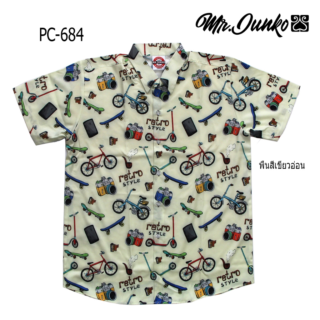 ⚡ ส่งฟรี⚡เสื้อเชิ้ตแขนสั้น งานต่อลาย Mr-Junko  ผ้าซาตินนิ่มใส่สบายไม่ร้อน PC-684