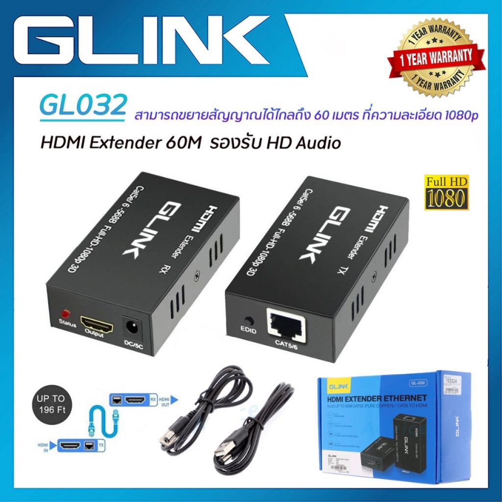 Glink HDMI Extender Cat5e/Cat6e 60M GL-032 อุปกรณ์ขยายสัญญาณ ประกันศูนย์ 1ปี