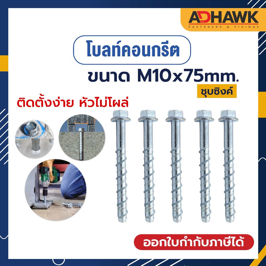 โบลท์ สำหรับยึดพื้นคอนกรีต สกรูคอนกรีต พุกคอนกรีต M10x75mm. Concrete Bolt (ราคาต่อตัว)