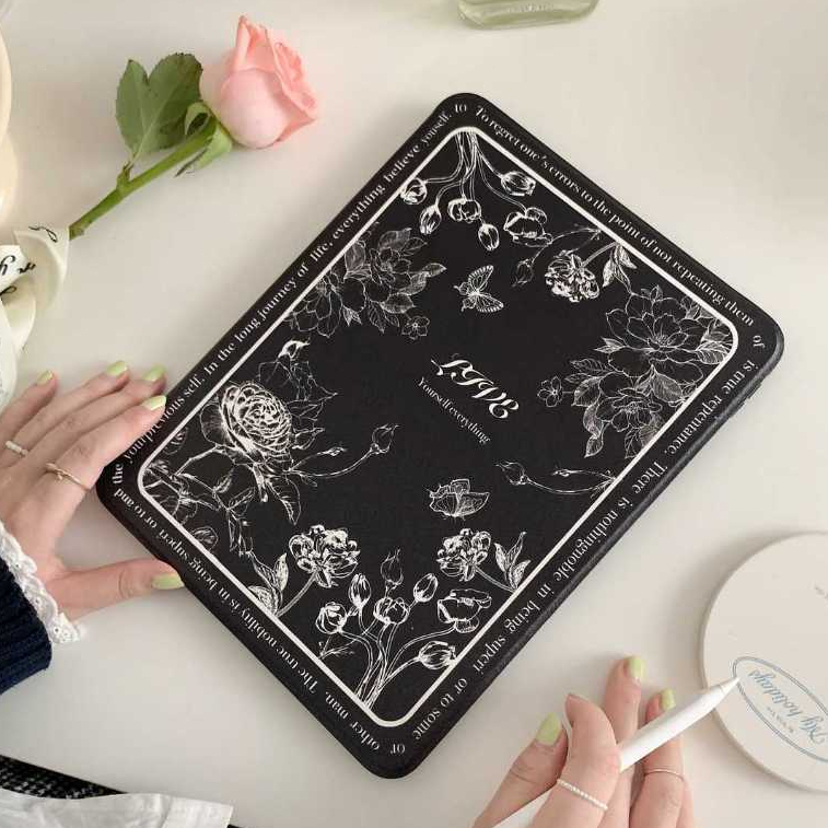 พร้อมส่ง เคสiPadหมุน 360°แผ่นหลังอะครีลิ Gen9 pro11 2024 black floral Premium Air5 ใส่ปากกาไ Air4/6