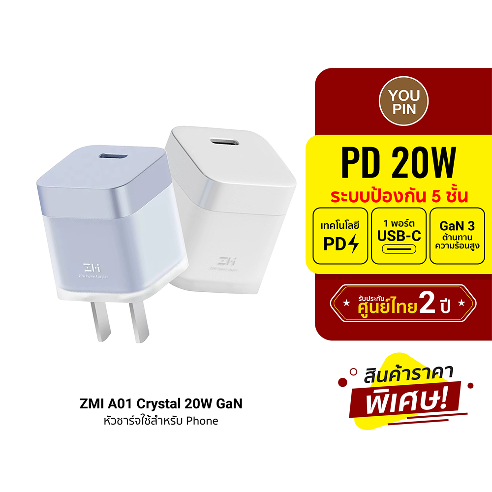 [ราคาพิเศษ] ZMI A01 Crystal 20W GaN หัวชาร์จใช้สำหรับ Phone 20W ชาร์จไว เทคโนโลยี PD -2Y