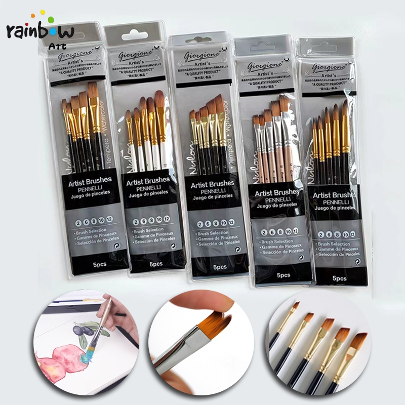 Giorgione พู่กัน ชุดพู่กัน ชุด5ด้าม พู่กันกลม พู่กันหัวแบน ขนาดต่างๆ พู่กันสีน้ำ พู่กันสีอะคริลิค / Nylon Paint Brushes