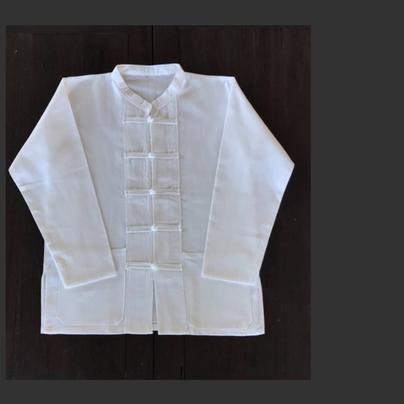 เสื้อผ้าฝ้ายผู้ชายแขนยาว คอจีนสีขาว คอกลมสีขาว เสื้อปฏิบัติธรรม ใส่ทำบุญ