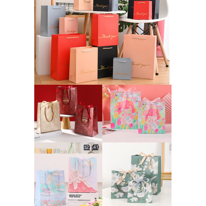 A002 พร้อมส่ง!(ชั้นต่ำ3ใบ คละสีได้ มีโบว์) ถุงกระดาษพร้อมโบว์ ลายเรียบหรู