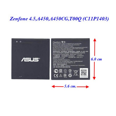 แบตเตอรี่ Asus Zenfone 4.5,A450,A450CG,T00Q (C11P1403) 5.6x6.0 cm. 1750 mAh.