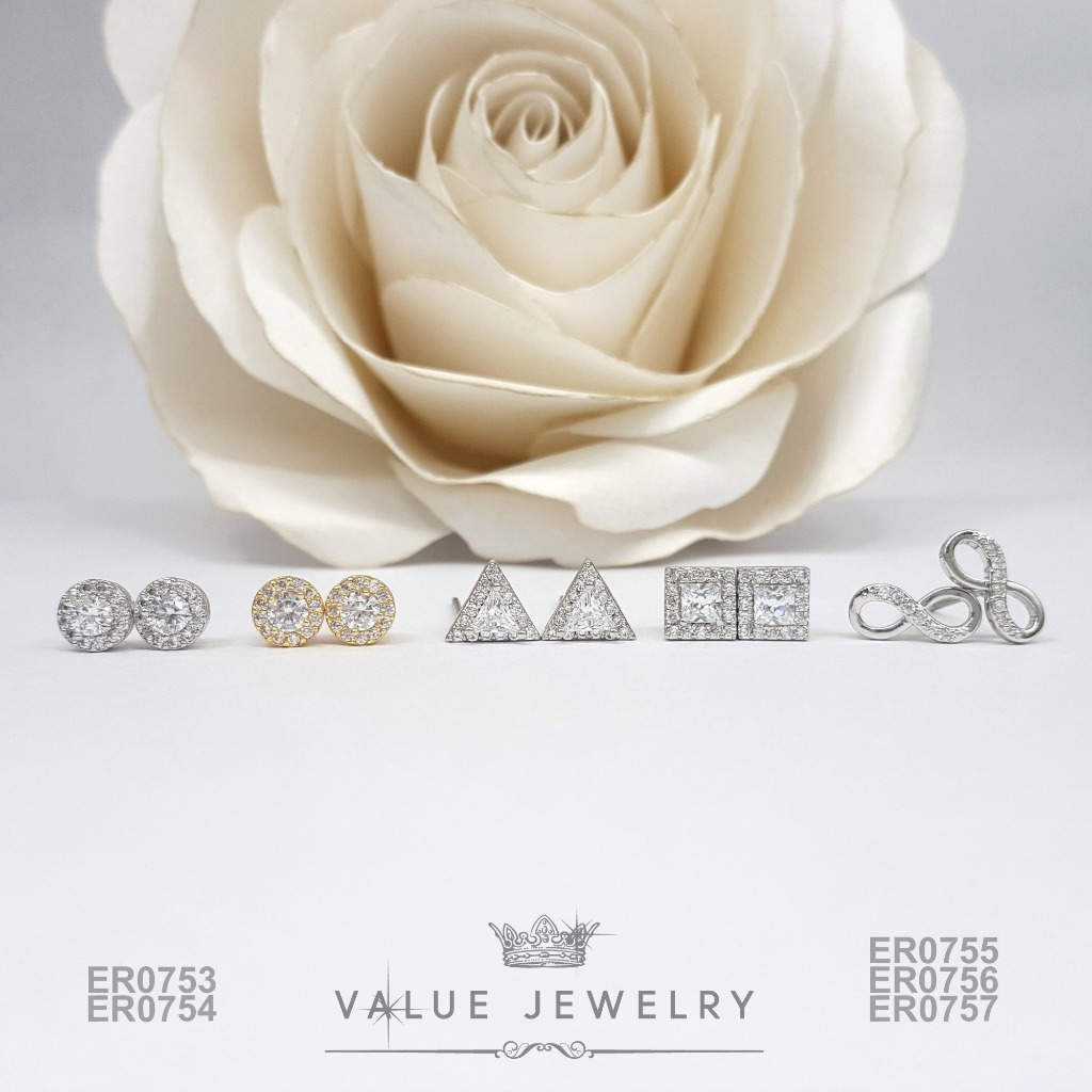 ต่างหูแป้น ฝังคริสตัลแท้ ขนาดเล็ก Minimal หลากหลายสไตล์ เครื่องประดับแฟชั่น ValueJewelry ER0753 ER0754 ER0755 ER0756 ER0757