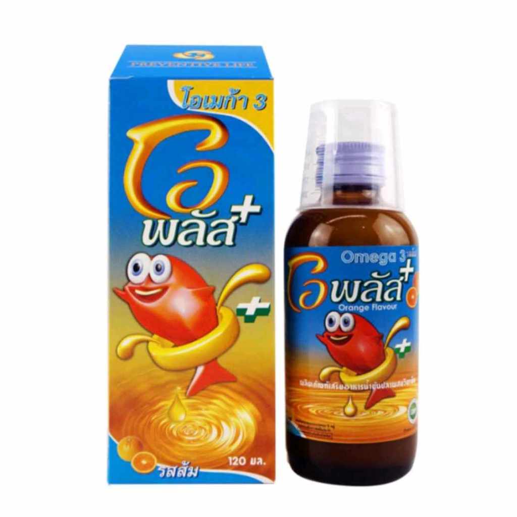 O Plus โอพลัส โอเมก้า 3 น้ำมันปลา รสส้ม ทานง่าย บำรุงสมอง เจริญอาหาร ขวด 120 มล. [EXP: 02/2026]