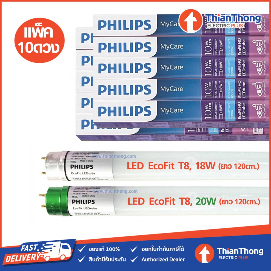 [โปรโมชั่น ยกลัง] Philips หลอดนีออนยาว LED Ecofit T8 18W 20W 6500K 120CM แสงขาว (ลังละ 10 ดวง)