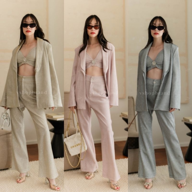 เซตสูท 3 ชิ้น เสื้อสูทปกกลิต​เตอร์+เสื้อครอป+กางเกงขายาว ผ้ากลิตเตอร์ VSHOP