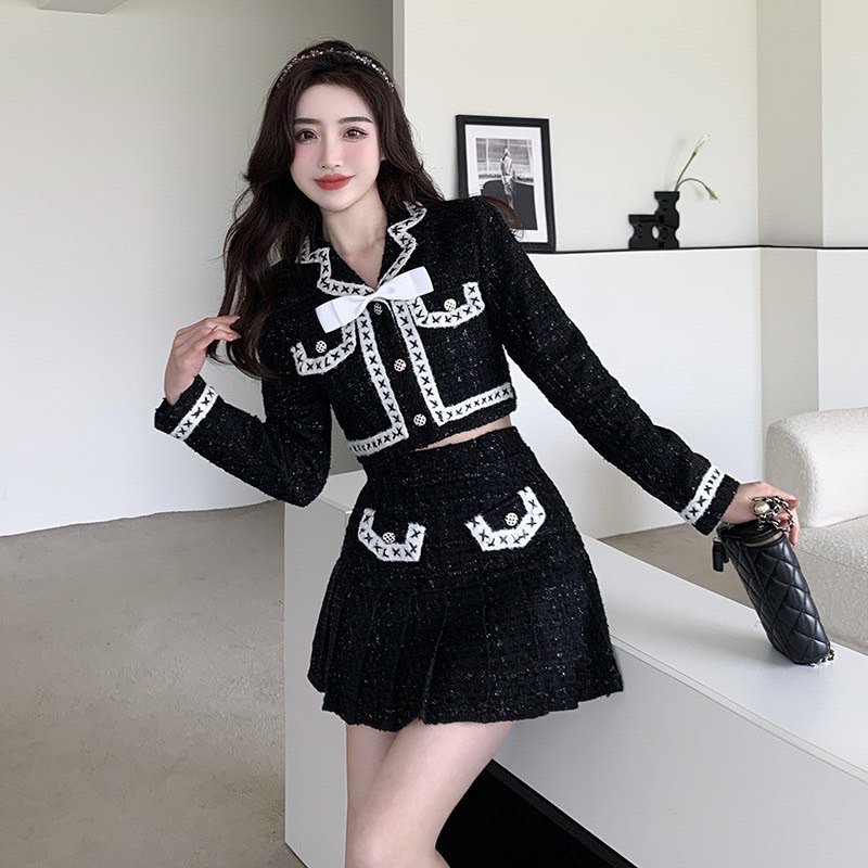 D2126 เซตสูทผ้าทวิตขาวดำ 3 ชิ้น