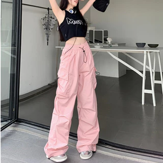 10สี พร้อมส่ง S-3XL กางเกงคาร์โก้สไตล์เกาหลี เอวปรับได้ กางเกงขากว้าง เอวสูง มีกระเป๋ Y2k #2154