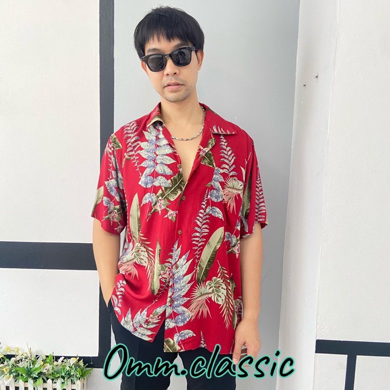 เสื้อฮาวายผ้านิ่ม(สปัน)ใบแดงพาสเทล