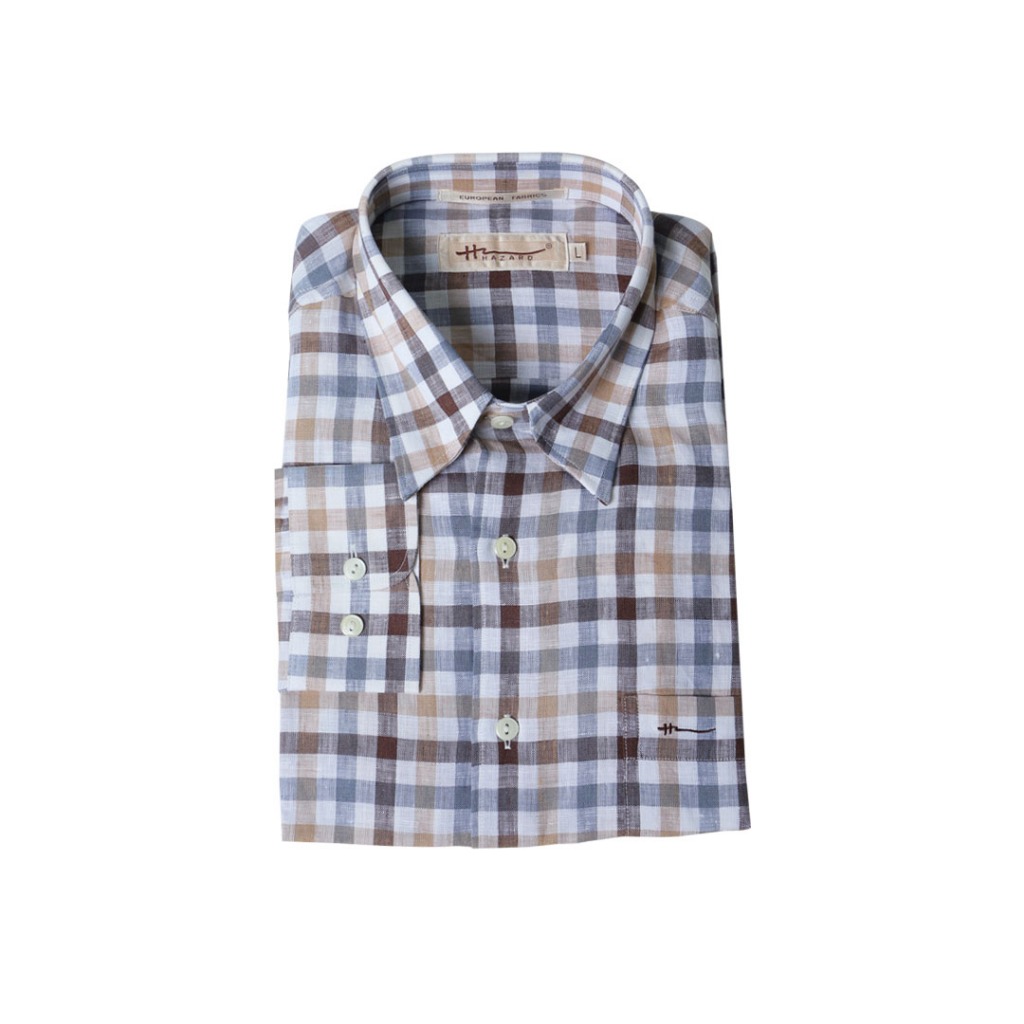Hazard เสื้อเชิ้ตทำงานแขนยาวลายสก็อต ผ้า Linen(ลินิน) สีเบท