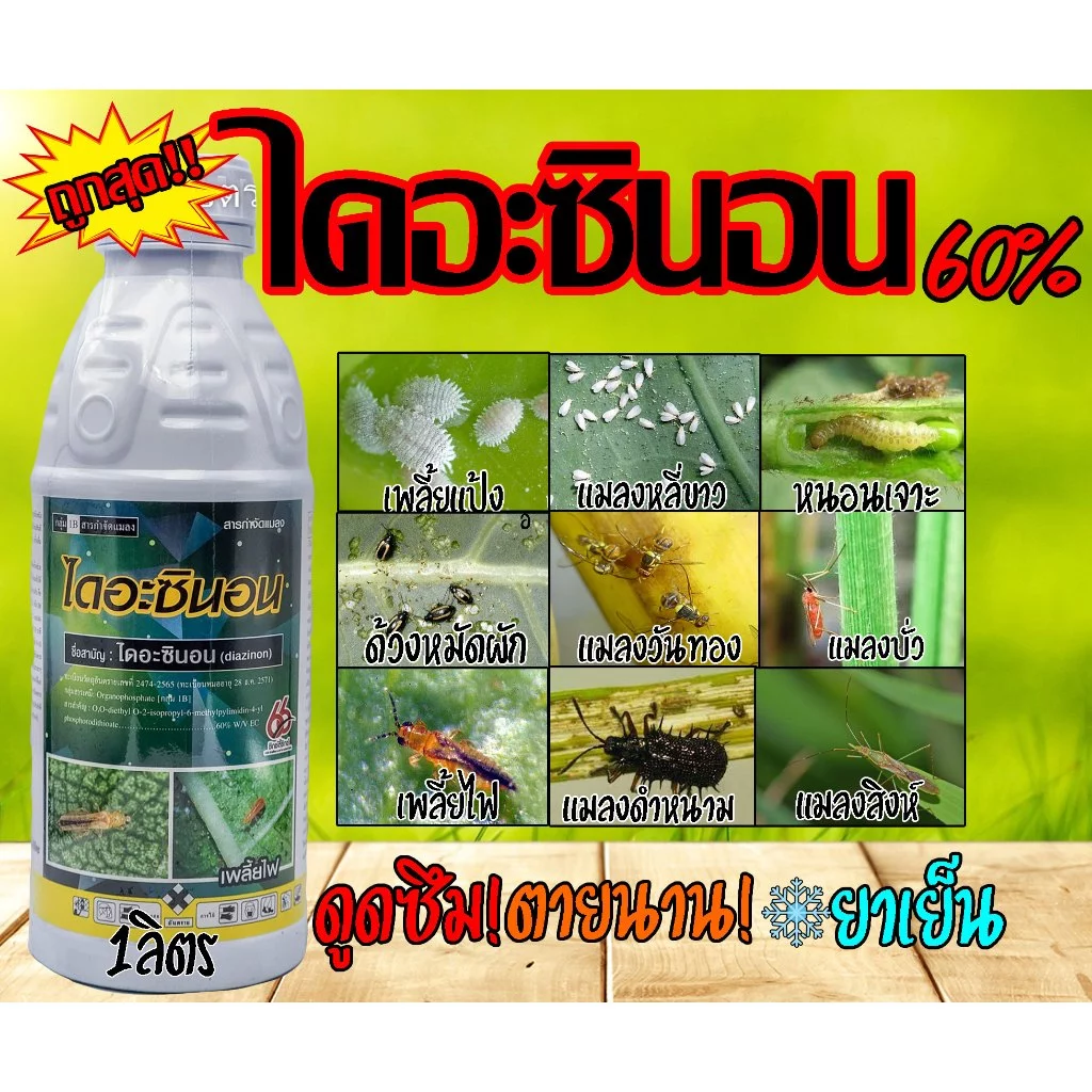 ไดอะซินอน 60% 66 -1 ลิตร เพลี้ยอ่อน เพลี้ยไฟ เพลี้ยหอย แมลงวันทอง เพลี้ยแป้ง หนอนเจาะฝักข้าวโพด หนอนม้วนใบ ลีน่อล