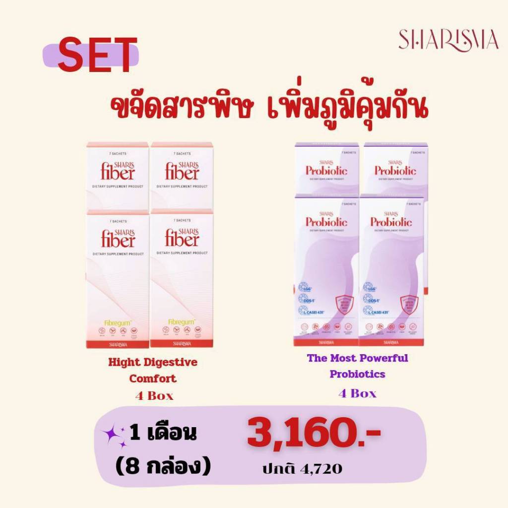 SharisFiber 4 Box ขจัดสารพิษในร่างกาย/ SharisProbiotic 4 Box ปรับสมดุลลำไส้ เพิ่มภูมิคุ้มกัน (เซ็ท1 เดือน)