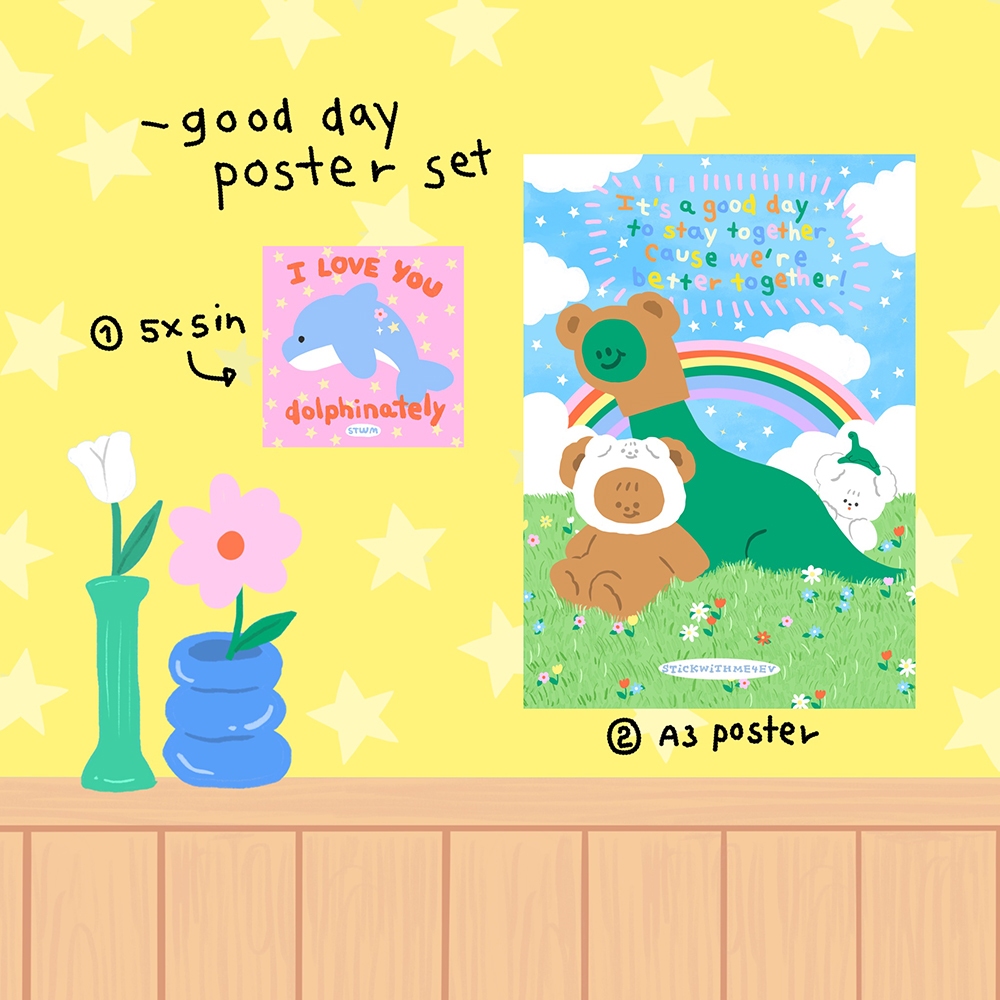 Good day poster set เซตโปสเตอร์ติดผนัง สำหรับตกแต่งห้อง ลายไดโน เท๊ดดี้ และน้องหมาบิงบิง | Stickwithme4ev