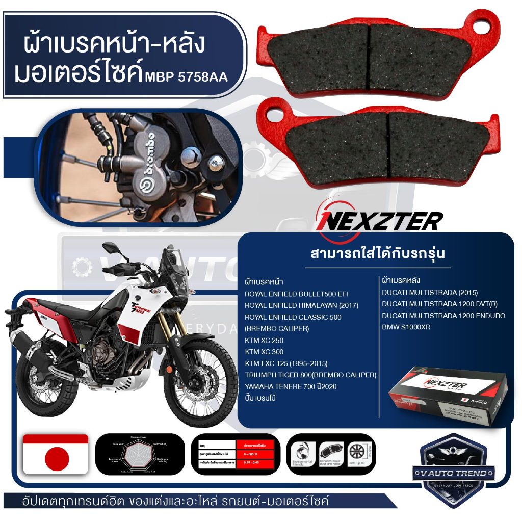 NEXZTER ผ้าเบรค 5758AA หน้า  TENERE 700/XC250,300,EXC125 / ROYAL ENFIELD RE350 / TRIUMPH TIGER หลัง DUCATI / BMW S1000XR