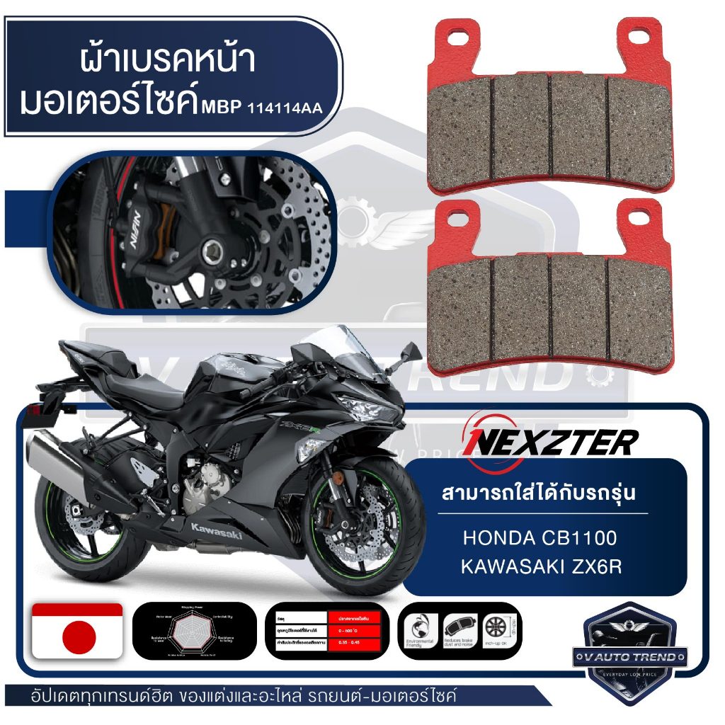 ผ้าเบรคหน้า NEXZTER เบอร์ 114114AA สำหรับ HONDA CB1100,KAWASAKI ZX6R เบรค ผ้าเบรค ผ้าเบรคมอเตอร์ไซค์