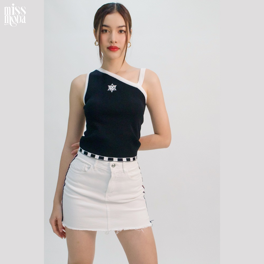 Missmoda รุ่นMC-223TW008 เสื้อปาดไหล่เฉียง ผ้าไหมพรม ปักLogo เสื้อผู้หญิงแบรนด์ (เฉพาะเสื้อ)