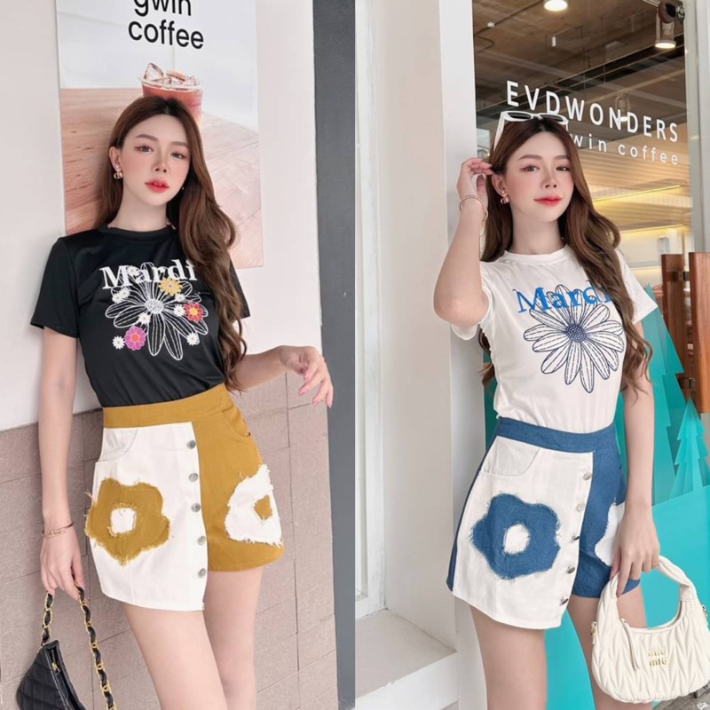 (m) ชุดยีนส์ เสื้อยืด+กางเกงยีนส์ แต่ง 3d ไข่ดาว น่ารักมากๆ งานป้าย chalita