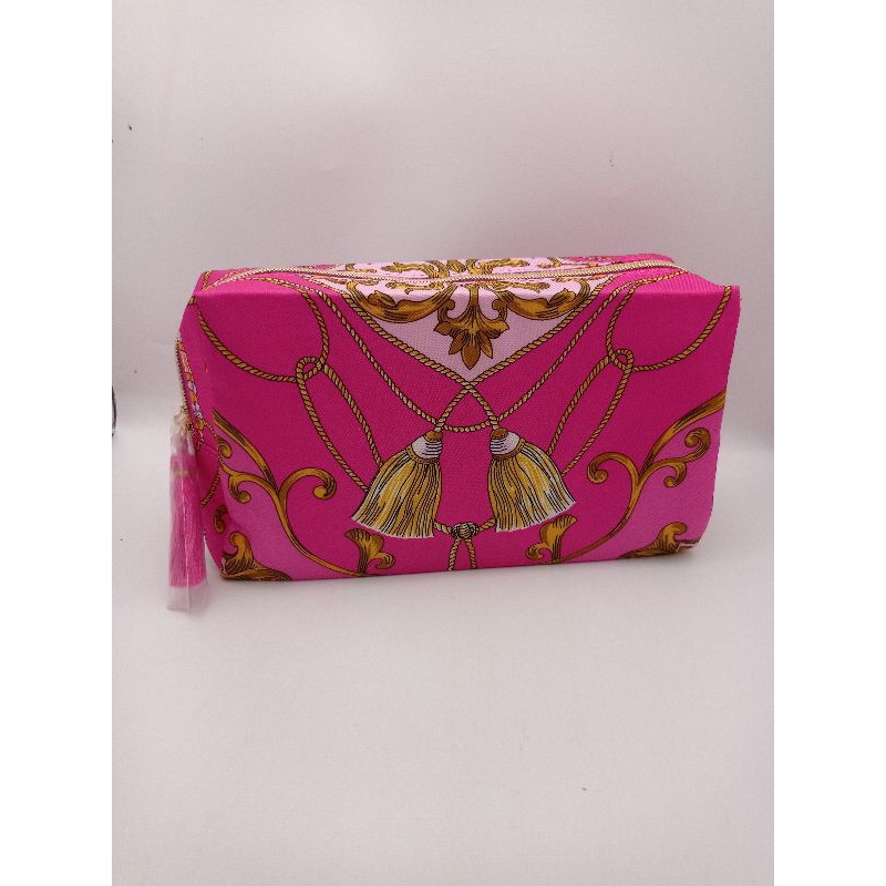 กระเป๋าเครื่องสำอางเอสเต้ estee lauder ผ้าต่วนสีชมพูพิมพ์ลาย