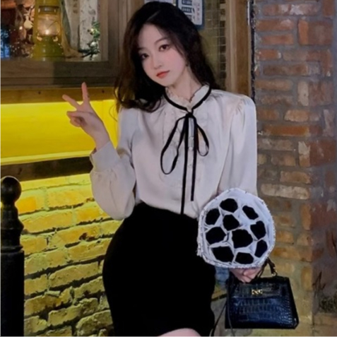 ใหม่ MU2899 เสื้อเบลาส์แขนยาวคอตั้ง สไตล์เกาหลีแต่งเชือกผูกโบว์น่ารักๆ แฟชั่นแฟรี่ สําหรับผู้หญิง free size