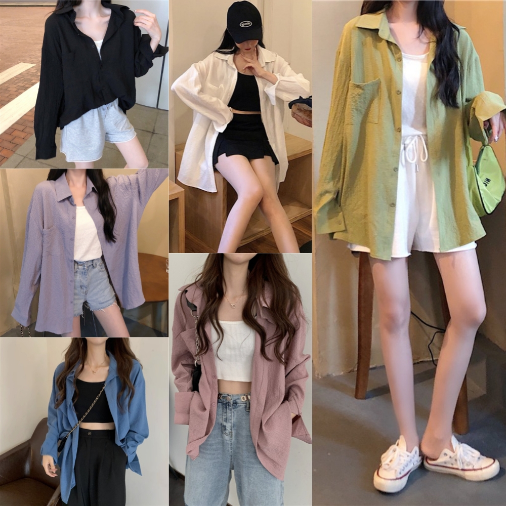 ล้างสต็อก⚡️ CT496 มาใหม่ เสื้อเชิ้ตสตรี ผ้าฝ้าย แขนยาวคอปก แบบสาวญีปุ่น ทรงหลวม free size มี6สีให้เลือก
