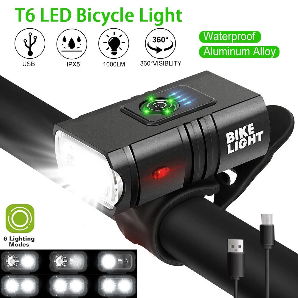 ไฟหน้าจักรยาน Super Bright Light T6x2 LED USB 1000LM ชาร์จไฟสาย USB ไฟหน้าจักรยาน ไฟฉายขี่จักรยานสกู๊ตเตอร์