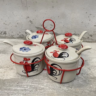 โถเครื่องปรุงเซรามิค ลายไก่ หม้อเครื่องปรุง 4 นิ้ว โถใส่น้ำจิ้ม โถพริกน้ำปลา พร้อมช้อนเซรามิค