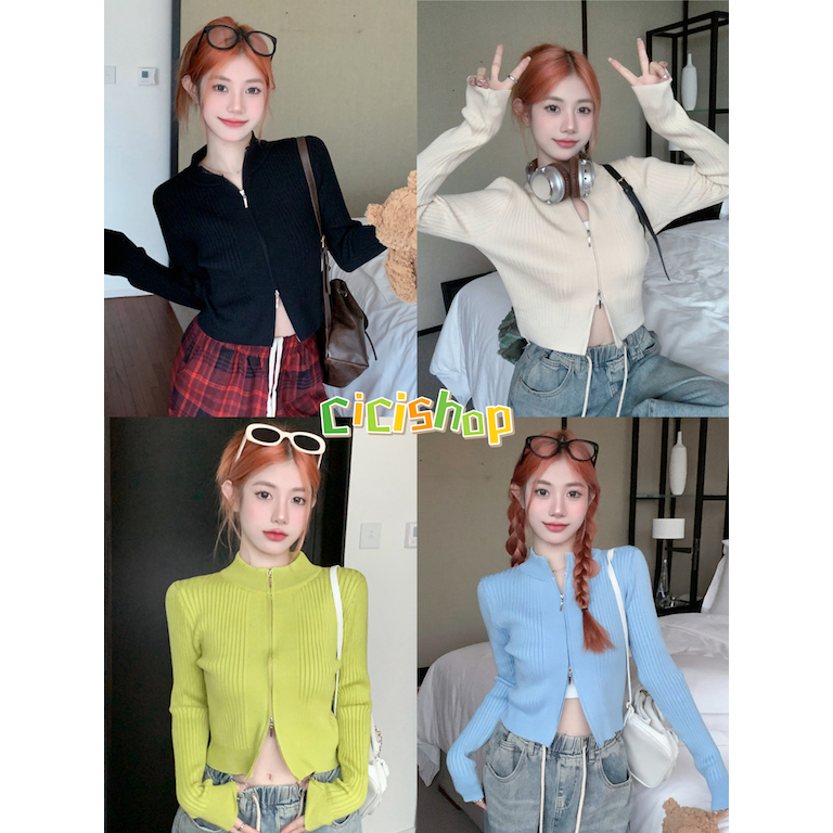 Cicishop(D087)เสื้อไหมพรมแขนยาว ผ้ายืด ดีเทลซิปรูด2ด้าน ใส่แบบเก๋ๆ